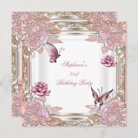 Invitation 21e Anniversaire Rose Rose Blanc Papillon (Devant / Derrière)