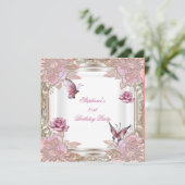 Invitation 21e Anniversaire Rose Rose Blanc Papillon (Debout devant)