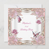 Invitation 21e Anniversaire Rose Rose Blanc Papillon (Devant)