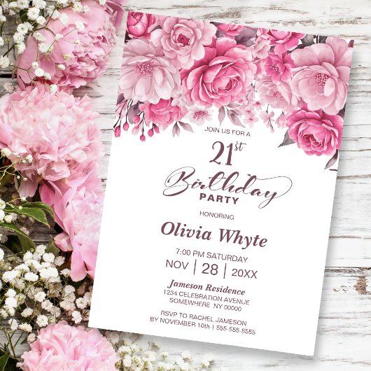 Invitation 21e anniversaire Rose Rose Floral Party