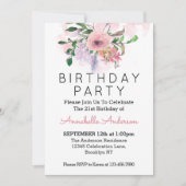 Invitation 21e Anniversaire rose rose floral rayures (Devant)
