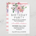 Invitation 21e Anniversaire rose rose floral rayures<br><div class="desc">Célébrez votre anniversaire avec cette Elégante Invitation Florale d'aquarelle rose rose rose pâle pour 21e anniversaire.</div>