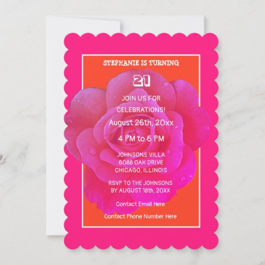 Invitation 21e Anniversaire Rose rose orange Floral Élégant m (Devant)