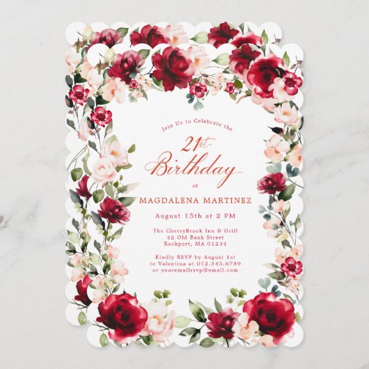 Invitation 21e anniversaire Rose rose rose rose rose poitrine (Devant / Derrière)