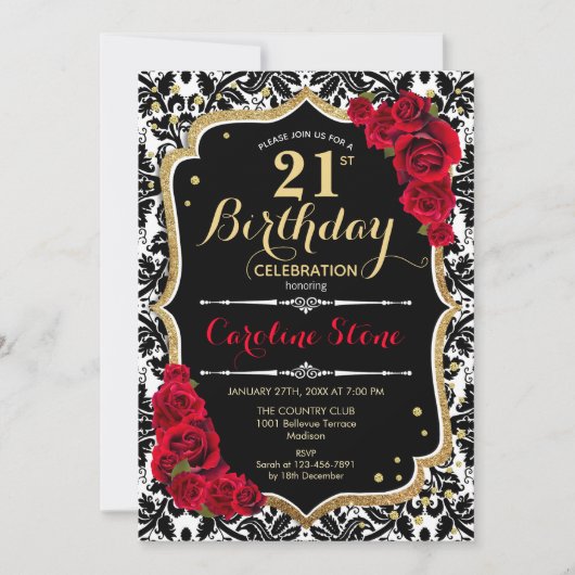 Invitation 21e anniversaire - Roses rouges Or noir Damas (Devant)