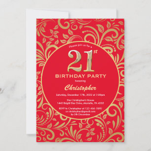 Invitation 21e anniversaire Rouge et or modèle floral