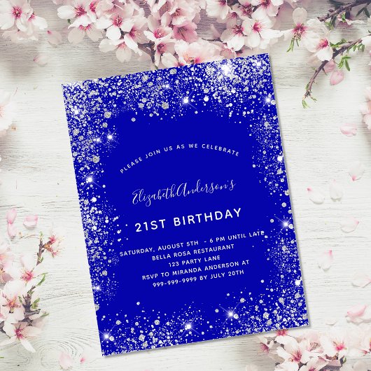 Invitation 21e anniversaire royal bleu argent parties scintil