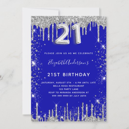 Invitation 21e anniversaire royal bleu argent parties scintil (Devant)