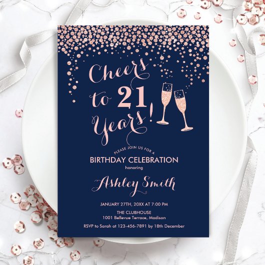 Invitation 21e Anniversaire Salue À 21 Ans Rose Gold Navy