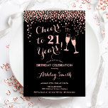 Invitation 21e Anniversaire Salue À 21 Ans Rose Or Noir<br><div class="desc">Invitation du 21e anniversaire. Salutations À 21 Ans ! Design élégant en or noir et rose. Il comprend des verres à champagne,  des caractères de script et des confettis. Parfait pour une fête d'anniversaire élégante. Personnalisez avec vos propres détails. Peut être customisé pour montrer n'importe quel âge.</div>