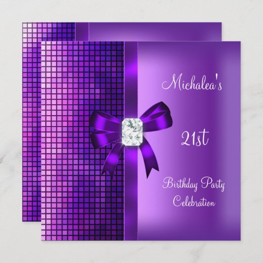 Invitation 21e Anniversaire Séquins de Diamant Violet Bow (Devant / Derrière)
