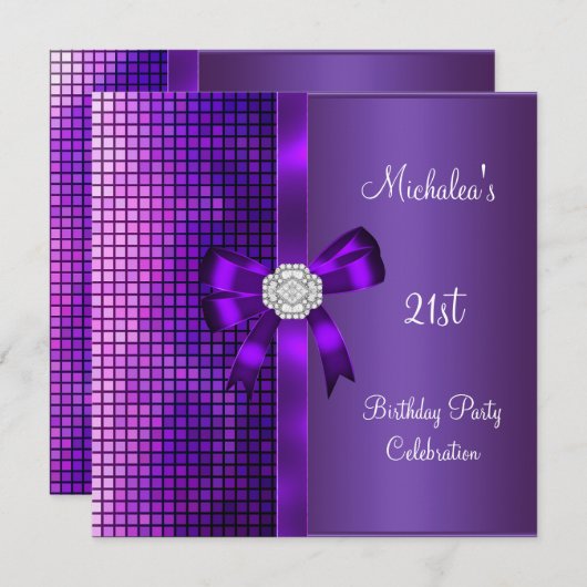 Invitation 21e Anniversaire Séquins de Diamant Violet Bow (Devant / Derrière)