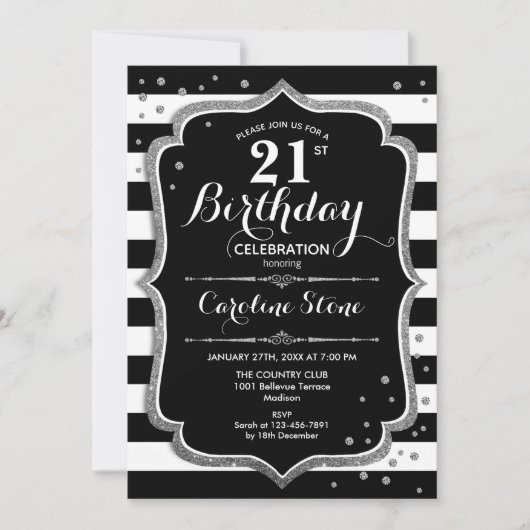 Invitation 21e anniversaire - Silver Black White Stripes (Devant)
