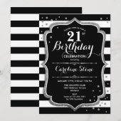 Invitation 21e anniversaire - Silver Black White Stripes (Devant / Derrière)
