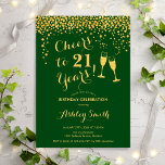 Invitation 21e Anniversaire - Soirée À 21 Ans Gold Green<br><div class="desc">Invitation du 21e anniversaire. Salutations À 21 Ans ! Design élégant en vert et or. Il comprend des verres à champagne,  des caractères de script et des confettis. Parfait pour une fête d'anniversaire élégante. Personnalisez avec vos propres détails. Peut être customisé pour montrer n'importe quel âge.</div>