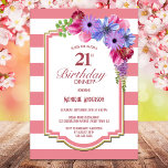 Invitation 21e anniversaire Soirée florale rose rayée<br><div class="desc">Invitation soirée 21ème anniversaire à rayures roses.</div>