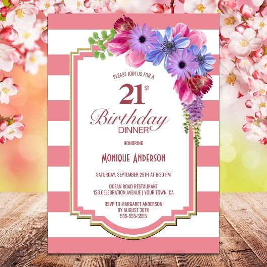 Invitation 21e anniversaire Soirée florale rose rayée
