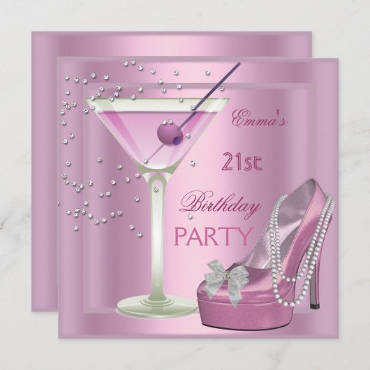 Invitation 21e Anniversaire Soirée Martini Rose Haut talon Ch (Devant / Derrière)