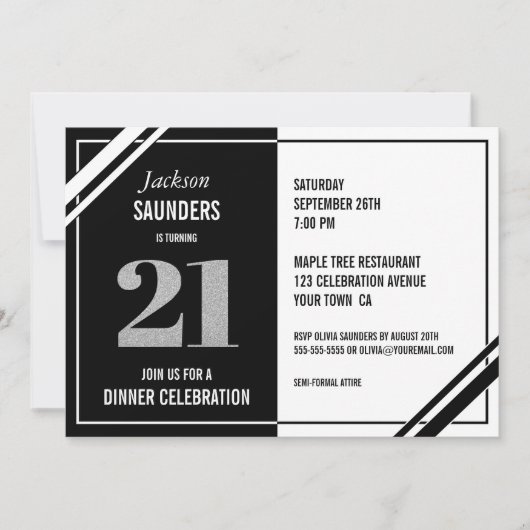 Invitation 21e anniversaire Soirée moderne Noir et Blanc (Devant)