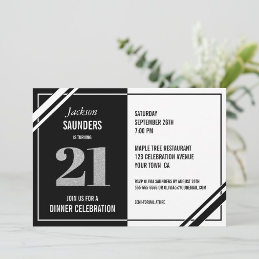 Invitation 21e anniversaire Soirée moderne Noir et Blanc (Debout devant)