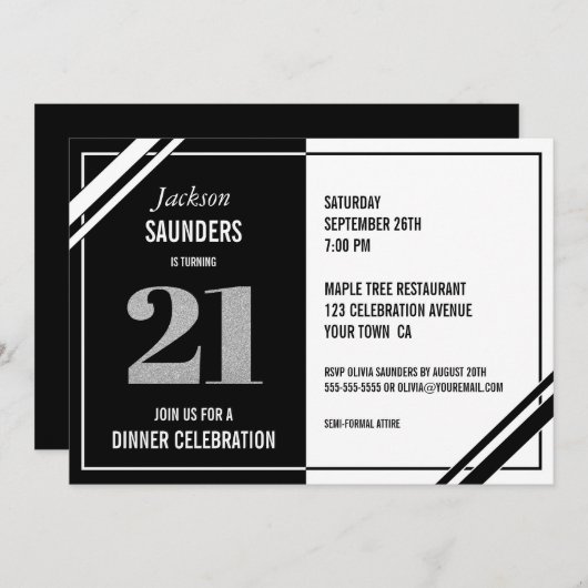 Invitation 21e anniversaire Soirée moderne Noir et Blanc (Devant / Derrière)
