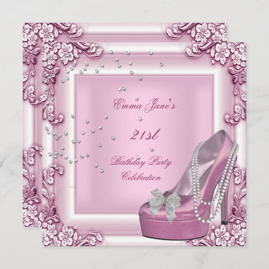Invitation 21e Anniversaire Soirée Rose haute talon Chaussure (Devant / Derrière)