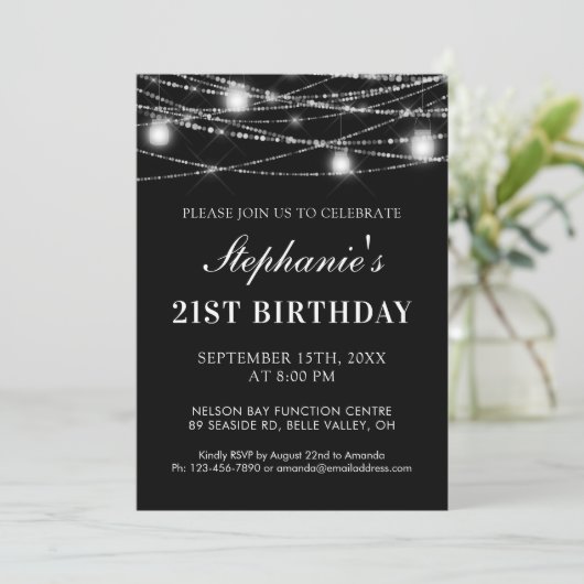 Invitation 21e Anniversaire String Lights Jars Noir Blanc (Debout devant)