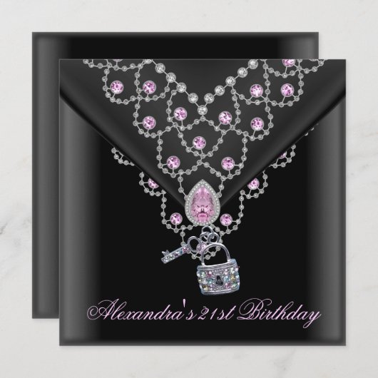 Invitation 21e Anniversaire Superposition Joyau rose noir Ver (Devant / Derrière)