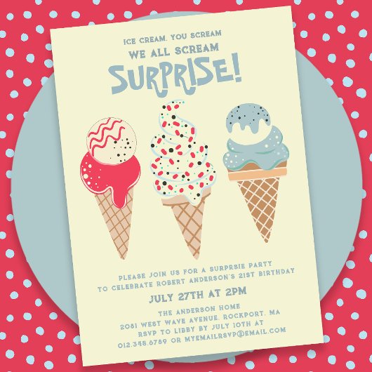 Invitation 21e anniversaire Surprise Party Ice Cream Cone