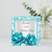 Invitation 21e anniversaire Turquoise Bleu Floral Rose Blanc (Debout devant)