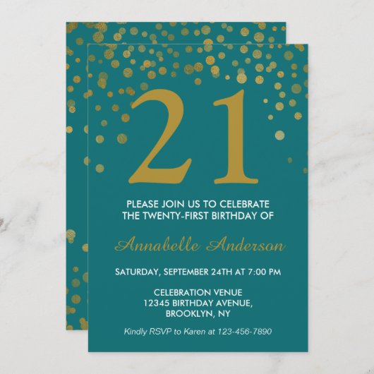 Invitation 21e anniversaire Turquoise or Confetti Dot Glam Ch (Devant / Derrière)