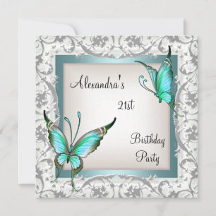 Invitation 21e anniversaire Turquoise papillon floral argent 
