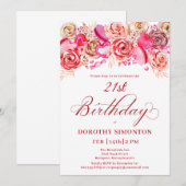 Invitation 21e anniversaire Valentine Rose Rose Coeur Tourbil (Devant / Derrière)