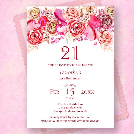 Invitation 21e anniversaire Valentine Rose Rose Coeur Tourbil