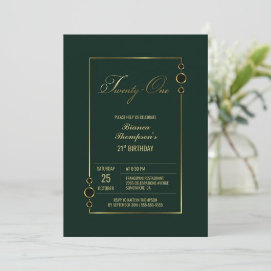 Invitation 21e anniversaire Vert avec Gold Frame Party (Debout devant)