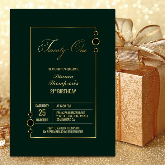 Invitation 21e anniversaire Vert avec Gold Frame Party