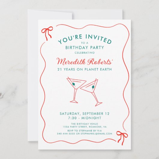 Invitation 21e anniversaire Wavy Border avec Bows Party (Devant)