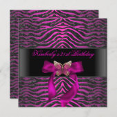 Invitation 21e anniversaire Zebra Black Silver Pink Butterfly (Devant / Derrière)