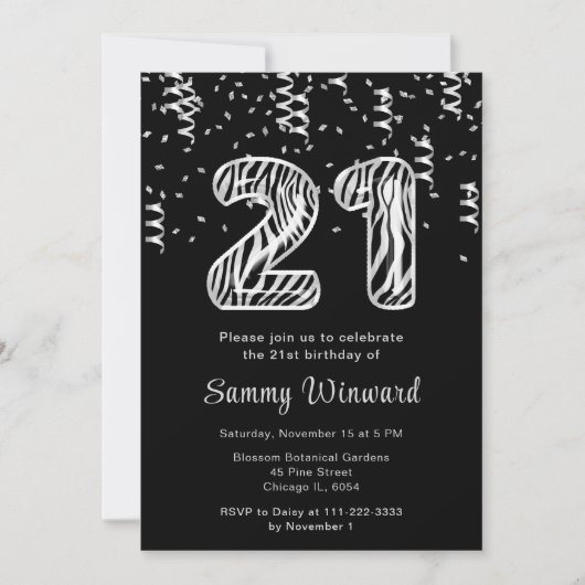 Invitation 21e anniversaire Zebra Imprimer Ballons avec Confe (Devant)