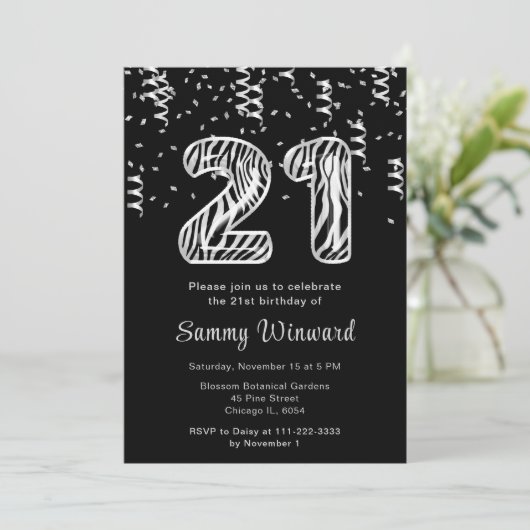 Invitation 21e anniversaire Zebra Imprimer Ballons avec Confe (Debout devant)