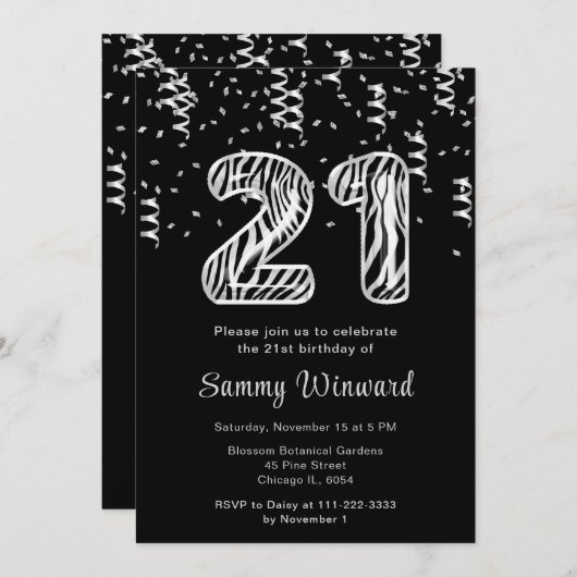 Invitation 21e anniversaire Zebra Imprimer Ballons avec Confe (Devant / Derrière)