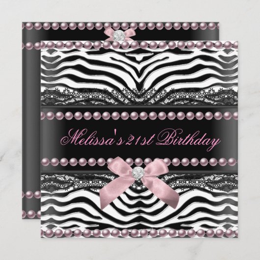Invitation 21e Anniversaire Zebra Pink Blanc Black Lace Pearl (Devant / Derrière)