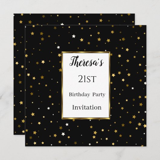 Invitation 21e Black Gold Stars Anniversaire (Devant / Derrière)