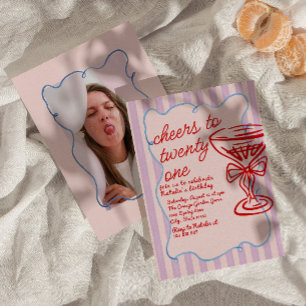 Invitation 21e Champagne à main rose rouge photo anniversaire