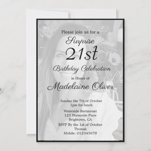 Invitation 21e Classy Monogram noir blanc photo Anniversaire (Devant)