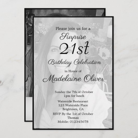 Invitation 21e Classy Monogram noir blanc photo Anniversaire (Devant / Derrière)