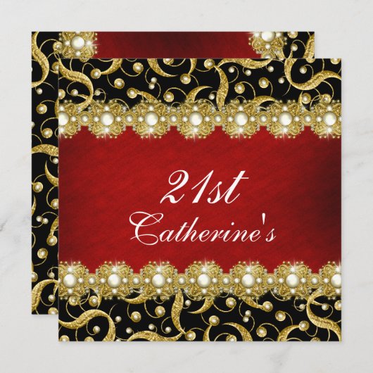 Invitation 21e élégant or noir rouge (Devant / Derrière)