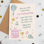 Invitation 21e Fête d'anniversaire avec Doodle Whimsical<br><div class="desc">Cette charmante invitation à la fête d'anniversaire turquoise, violette et jaune présente des icônes d'anniversaire dans un style fantaisiste, gribouillé, dont un ballon, des lunettes de boisson, un gâteau d'anniversaire, des cerises, du ruban, du cupcake et une tranche de gâteau. Ici montré comme une invitation de fête de 21ème anniversaire,...</div>