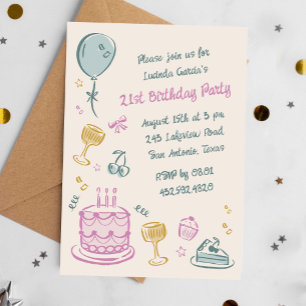 Invitation 21e Fête d'anniversaire avec Doodle Whimsical