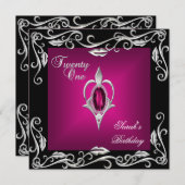 Invitation 21e fête d'anniversaire Black Bright Deep Pink 4a (Devant / Derrière)